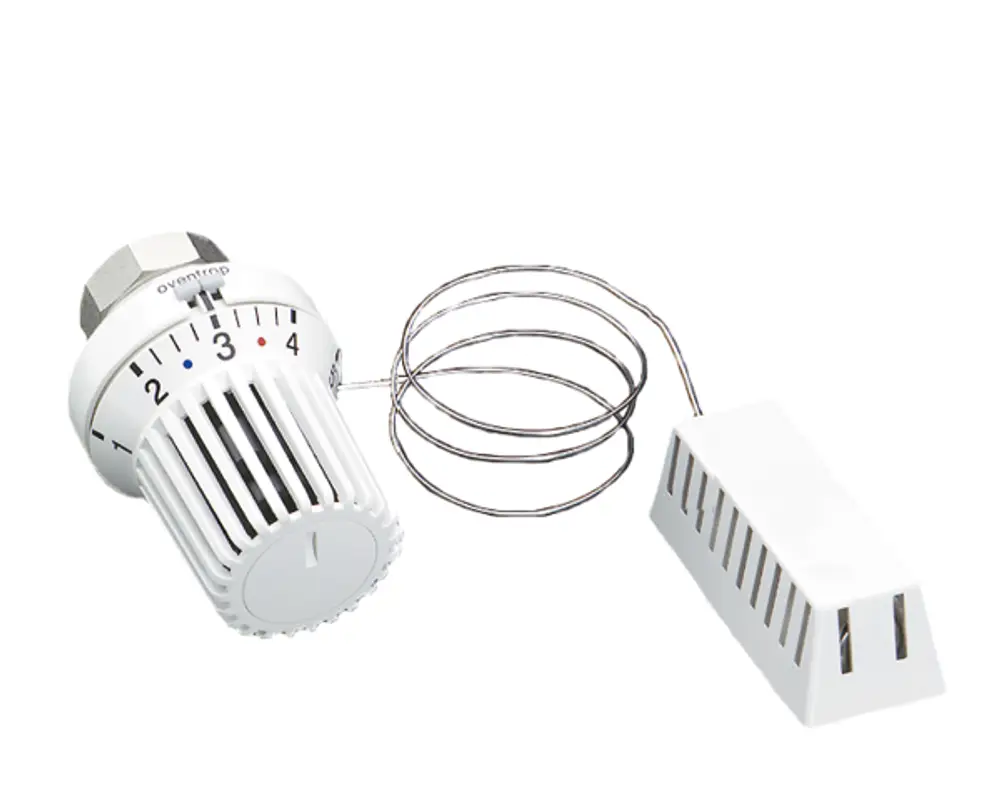 Thermostat von Oventrop mit Drehregler und externem Fühler, geeignet für Heizungssteuerung. Weißes Design mit Skala zur Temperatureinstellung.